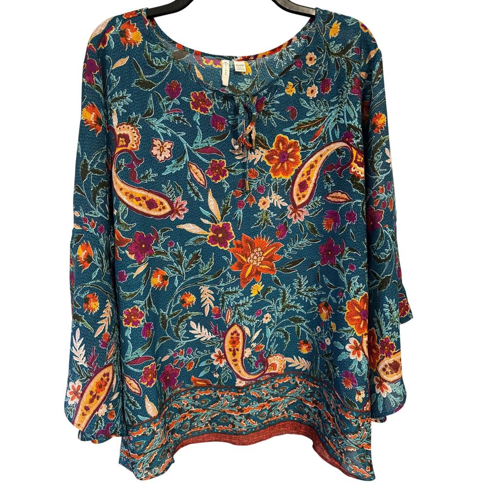 Est 1946 Paisley Vibrant Floral print blouse Flared sleeves & tie front detail